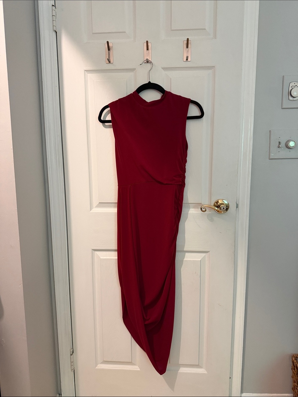 Elegant Ruched Merlot Midi Dress - Sleeveless High Neck